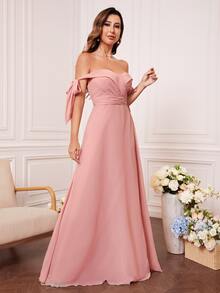 胸部褶皺一字肩側打結雪紡伴娘連衣裙 - 粉色 - 查看 4