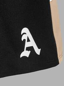GENTILAND Men Letter Graphic Contrast Side Seam Raglan Sleeve Tee & Drawstring Waist Shorts - Black - View 5