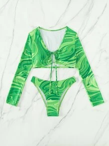 Marble Print Drawstring Summer Beach Bikini Set - Green - View 4