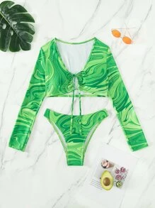 Marble Print Drawstring Summer Beach Bikini Set - Green - View 6