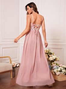 Contrast Sequin Split Thigh Chiffon Bridesmaid Dress - Pink - View 2