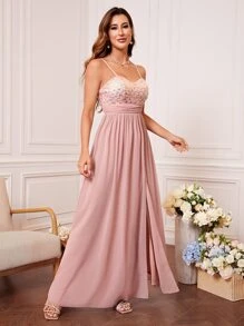 Contrast Sequin Split Thigh Chiffon Bridesmaid Dress - Pink - View 4