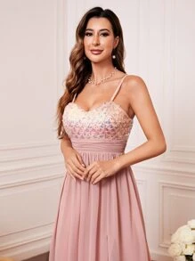 Contrast Sequin Split Thigh Chiffon Bridesmaid Dress - Pink - View 5