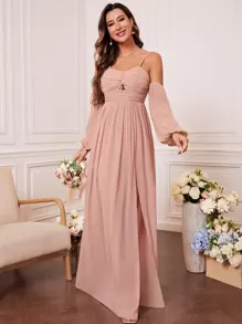 Cold Shoulder Twist Front Split Thigh Lantern Sleeve Chiffon Bridesmaid Dress - Dusty Pink - View 1