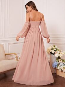 Cold Shoulder Twist Front Split Thigh Lantern Sleeve Chiffon Bridesmaid Dress - Dusty Pink - View 2