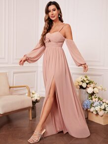 Cold Shoulder Twist Front Split Thigh Lantern Sleeve Chiffon Bridesmaid Dress - Dusty Pink - View 3