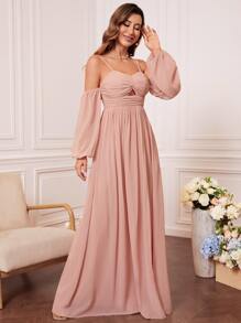 Cold Shoulder Twist Front Split Thigh Lantern Sleeve Chiffon Bridesmaid Dress - Dusty Pink - View 4