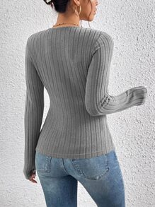 SHEIN Essnce Lace Up Front Ribbed Knit Tee - Grey - View 2