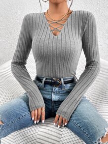 SHEIN Essnce Lace Up Front Ribbed Knit Tee - Grey - View 3