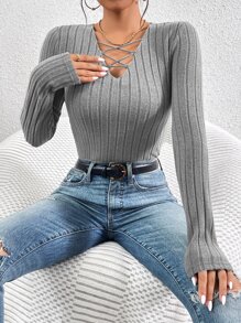 SHEIN Essnce Lace Up Front Ribbed Knit Tee - Grey - View 6