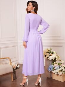 燈籠袖高衩腰帶雪紡連衣裙 - 淡紫色 - 查看 2