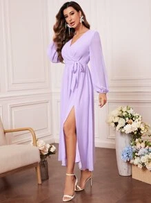 燈籠袖高衩腰帶雪紡連衣裙 - 淡紫色 - 查看 3
