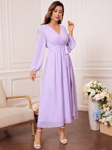 燈籠袖高衩腰帶雪紡連衣裙 - 淡紫色 - 查看 4