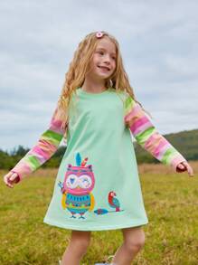 Girls Cartoon Patched Contrast Sleeve Dress - Mint Green - View 1