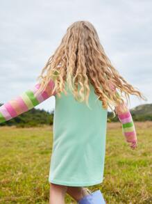 Girls Cartoon Patched Contrast Sleeve Dress - Mint Green - View 2