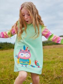 Girls Cartoon Patched Contrast Sleeve Dress - Mint Green - View 3