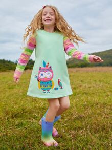 Girls Cartoon Patched Contrast Sleeve Dress - Mint Green - View 4