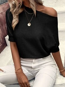 SHEIN LUNE Top de punto unicolor de manga murciélago - Negro - Ver 1