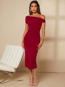 SHEIN Belle 不對稱領褶邊緊身連衣裙 - 酒紅色 - 查看 1