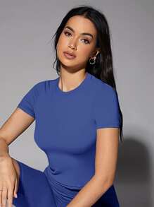 Silquee Solid High Stretch Fitted Tee - Blue - View 4