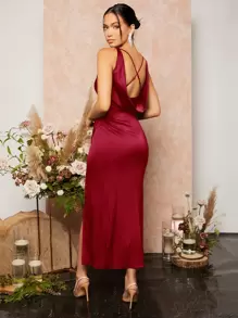 SHEIN Belle Vestito da damigella d'onore in raso bordeaux con arricciature, spacco laterale sulla coscia, schiena incrociata drappeggiata, abito da festa per matrimoni e cocktail