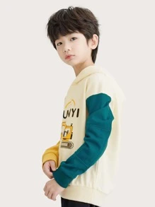 男孩字母和卡通圖案落肩袖連帽衫