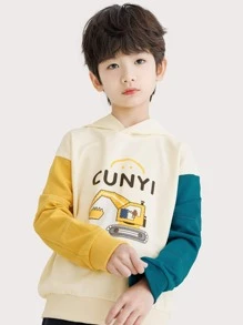 男孩字母和卡通圖案落肩袖連帽衫