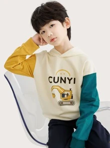 男孩字母和卡通圖案落肩袖連帽衫