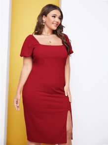 SHEIN Belle Burgundy Red Plus Puff Sleeve Split Hem Dress - Burgundy - View 1