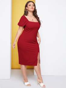 SHEIN Belle Burgundy Red Plus Puff Sleeve Split Hem Dress - Burgundy - View 4
