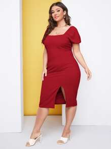 SHEIN Belle Burgundy Red Plus Puff Sleeve Split Hem Dress - Burgundy - View 3