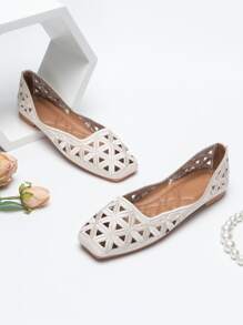 Giày bệt Nữ Thêu Rỗng màu trơn Thanh lịch - Màu be - Xem 2