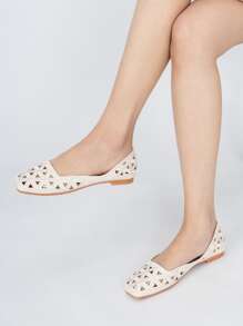 Giày bệt Nữ Thêu Rỗng màu trơn Thanh lịch - Màu be - Xem 3