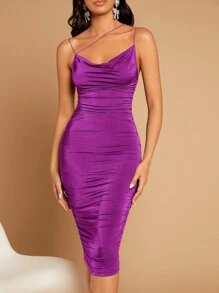 SHEIN Belle Asymmetrical Neck Draped Front Ruched Bodycon Dress - Purple - View 3