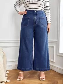 Plus High Waist Wide Leg Jeans - Medium Wash - View 1