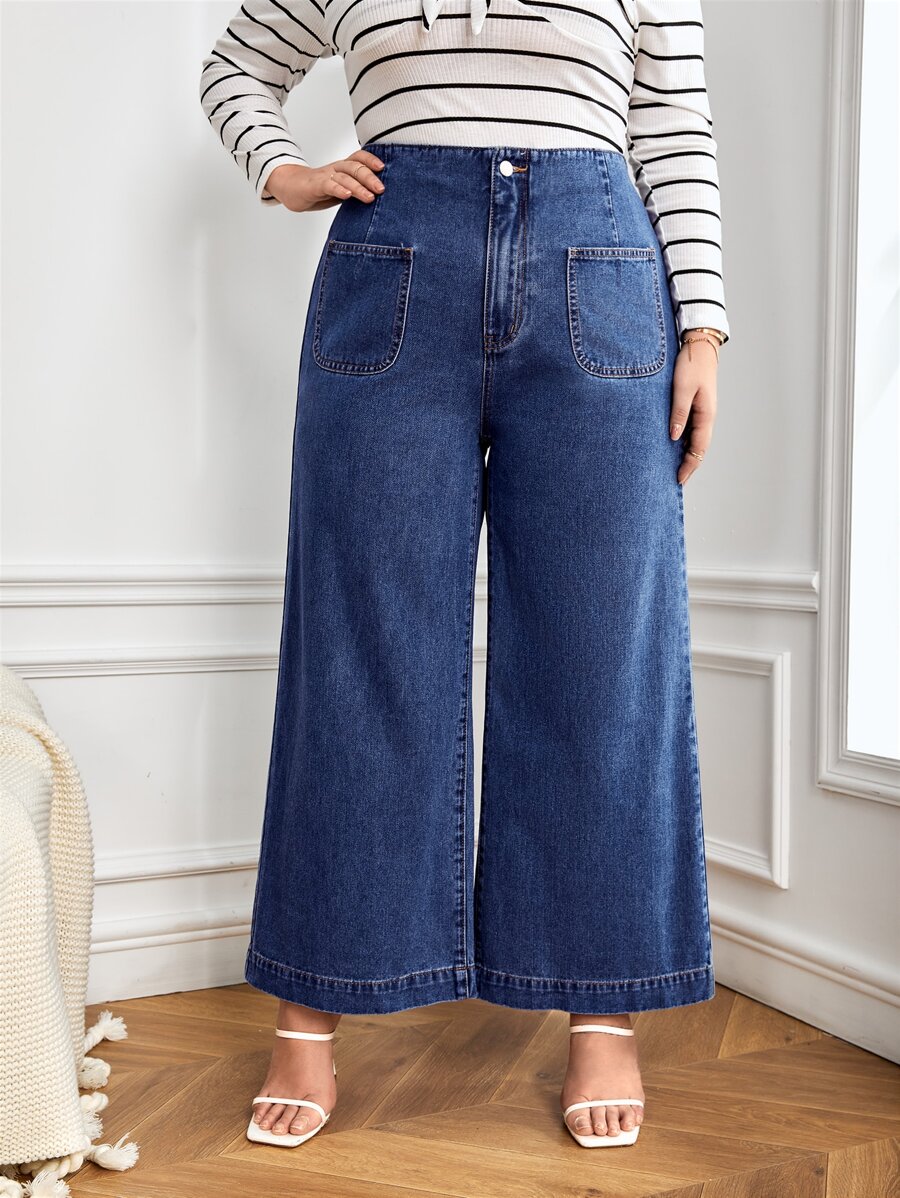 Plus High Waist Wide Leg Jeans - Medium Wash - View 1