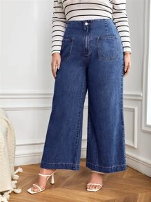 Plus High Waist Wide Leg Jeans - Medium Wash - View 4