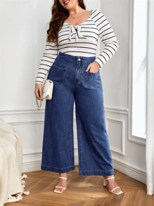Plus High Waist Wide Leg Jeans - Medium Wash - View 5