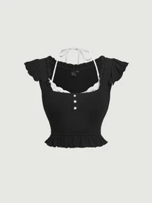 SHEIN MOD Camiseta crop con encaje en contraste ribete fruncido 2 en 1 - Negro - Ver 1