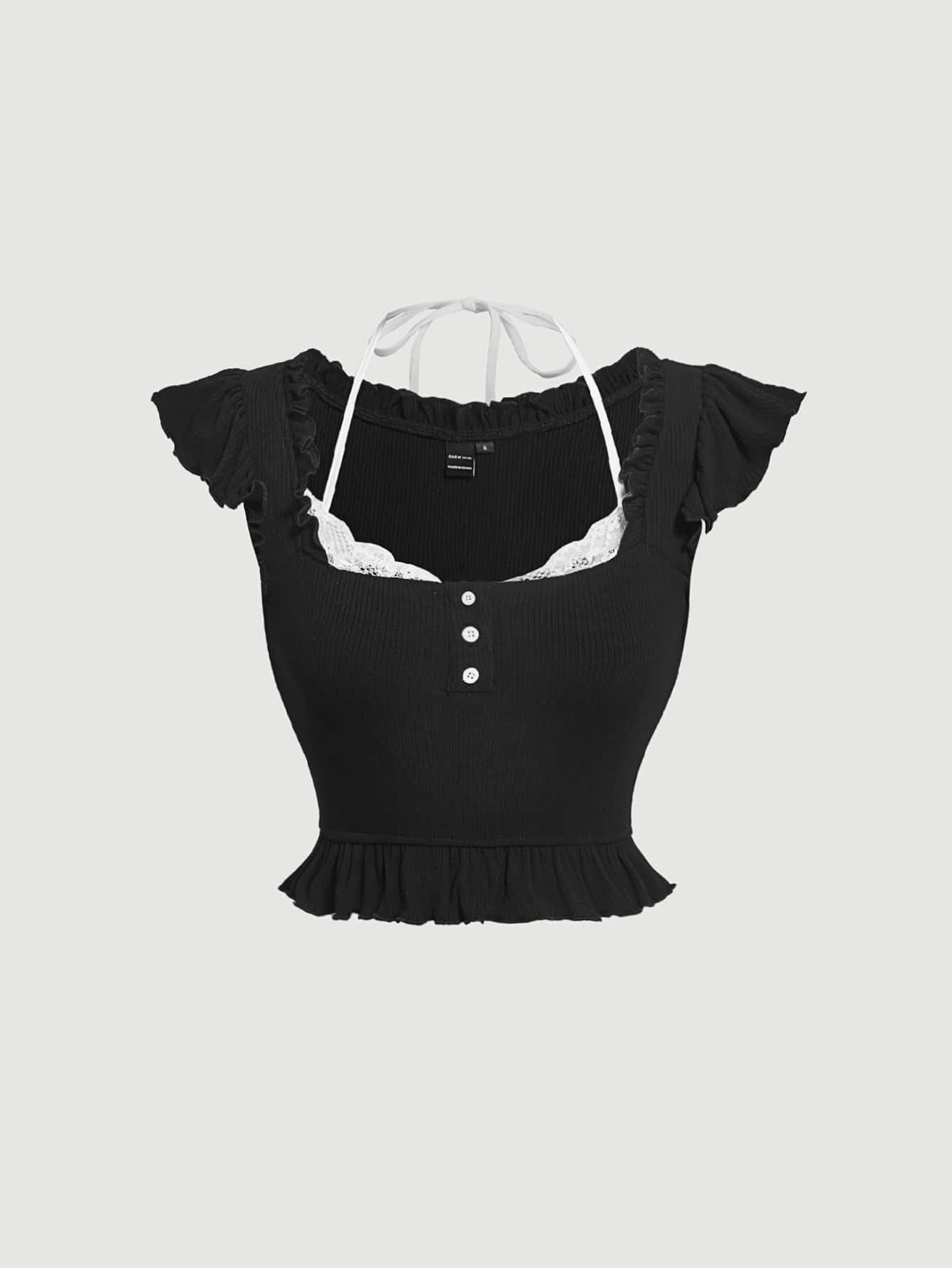 SHEIN MOD Camiseta crop con encaje en contraste ribete fruncido 2 en 1 - Negro - Ver 1