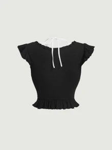 SHEIN MOD Camiseta crop con encaje en contraste ribete fruncido 2 en 1 - Negro - Ver 2