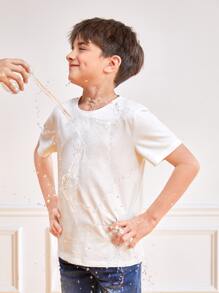 SHEIN 男孩日本字母和波浪印花防水T恤 - 白色 - 查看 2