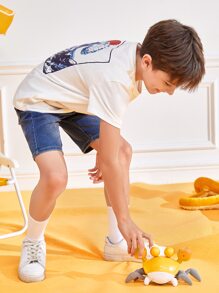 SHEIN 男孩日本字母和波浪印花防水T恤 - 白色 - 查看 4