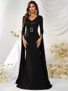 YISIKADO 亮片拼接開衩袖腰帶魚尾裙下擺正式連衣裙 - 黑色 - 查看 1