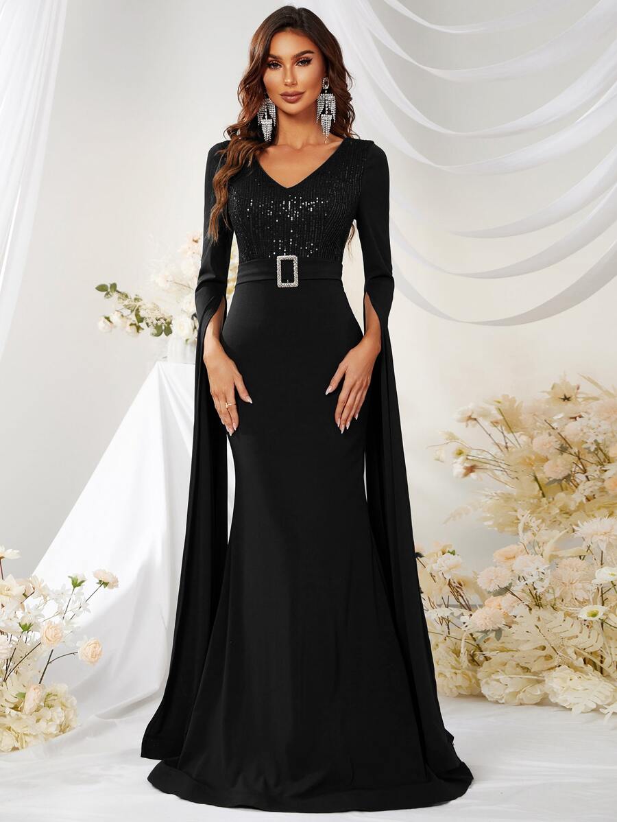 YISIKADO 亮片拼接開衩袖腰帶魚尾裙下擺正式連衣裙 - 黑色 - 查看 1