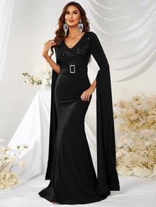 YISIKADO 亮片拼接開衩袖腰帶魚尾裙下擺正式連衣裙 - 黑色 - 查看 6