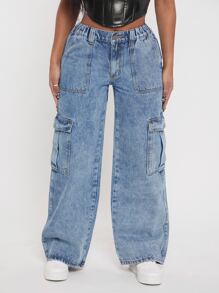 SHEIN SXY Flap Pocket Cargo Jeans - Light Wash - View 5