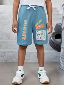 SHEIN 男孩字母人物圖案短褲