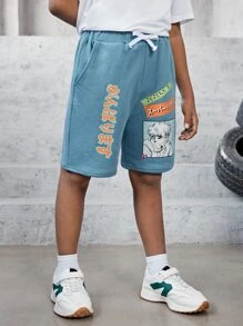 SHEIN 男孩字母人物圖案短褲