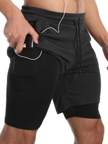 Men 2 In 1 Phone Pocket Sports Shorts With Towel Loop - Black - View 1